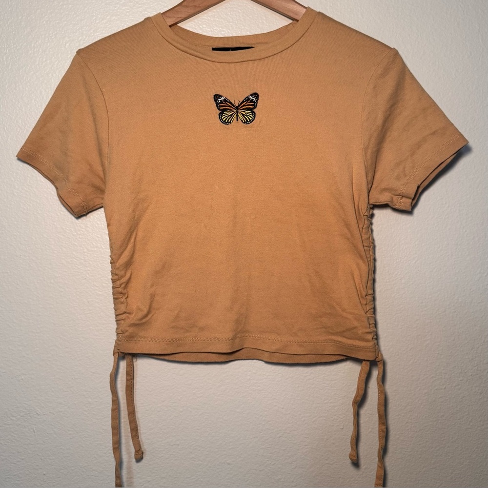 Y2K Butterfly Baby Tee Cinch Side Crop Top Brown Graphic Size L